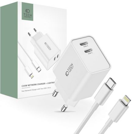 TECH-PROTECT C35W 2-PORT NETWORK CHARGER PD35W + LIGHTNING CABLE WHITE